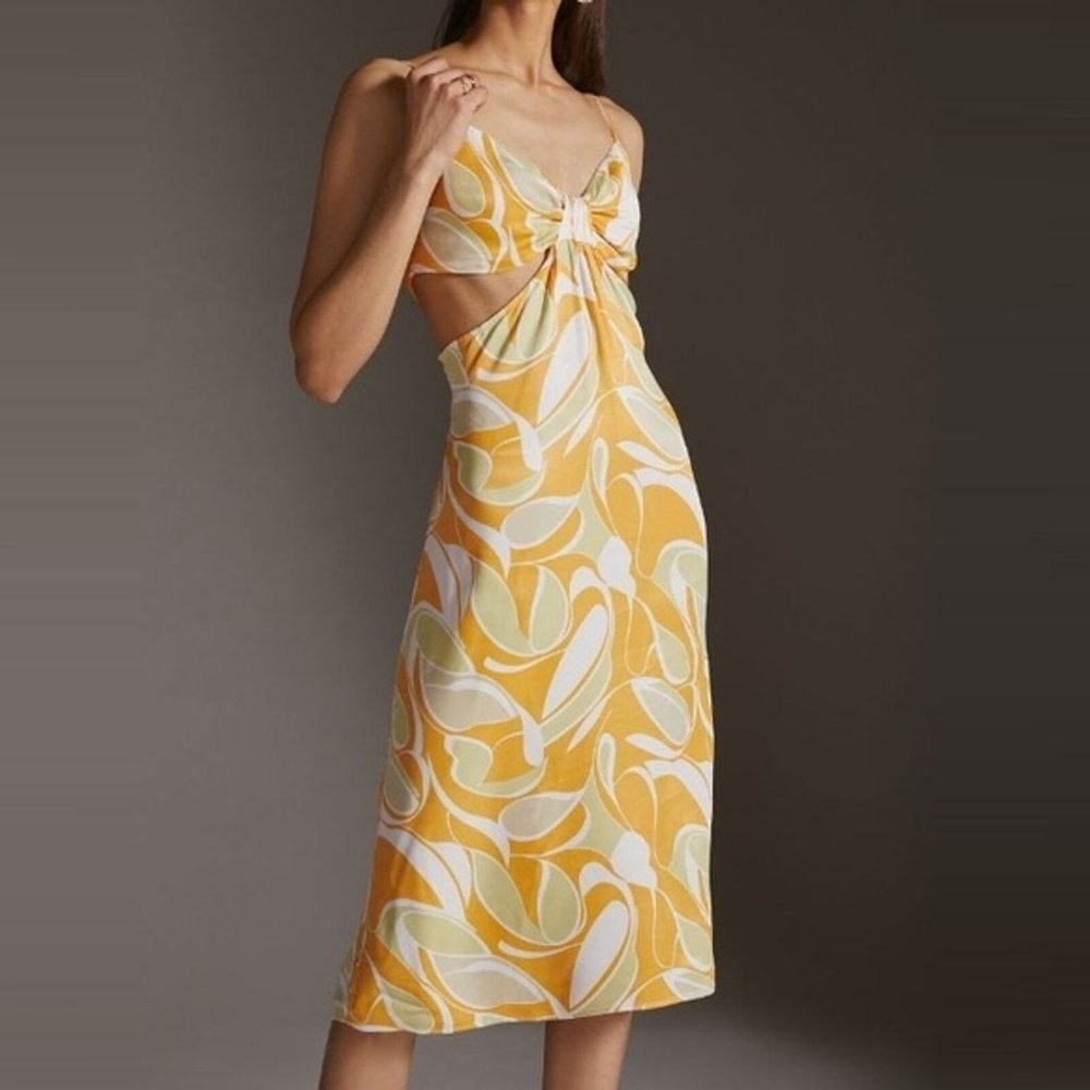 Anthropologie Orange Printed Cutout Sleeveless Slip Midi Dress